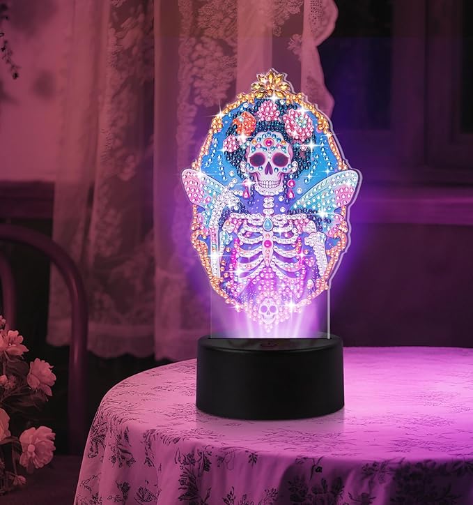 ALKALO Diamond Painting Night Light, Diamond Painting Kits for Adults Desktop Ornaments for Table Tabletop Decor Diamond Art Accessories for Adult Beginner Touch Lamp for Bedrooms Living Room-Skull