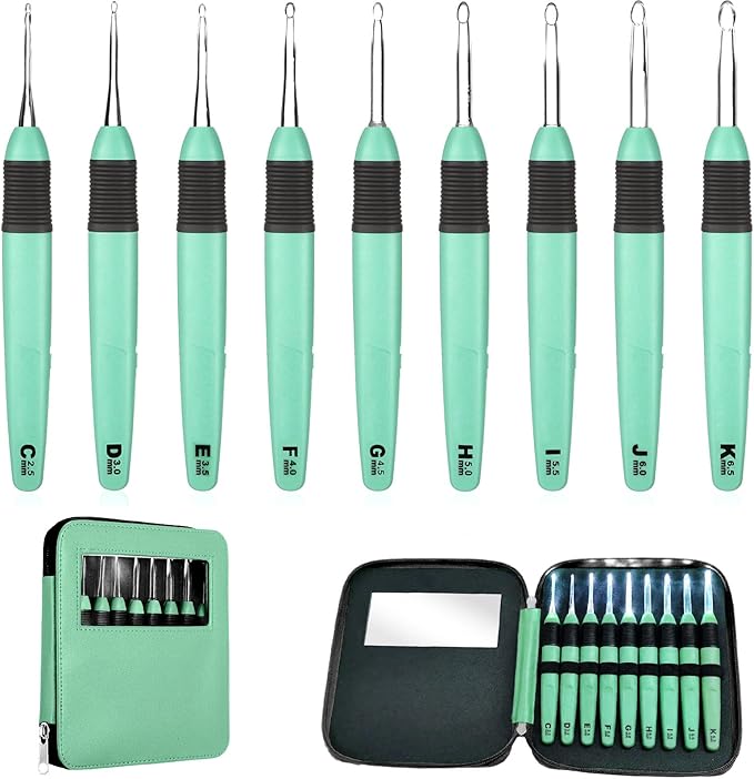 Chuangdi 9 Pieces Lighted Crochet Hooks with Case 9 Size LED Light Crochet Hooks Set Knitting Needles Craft Yarn Weaving Needles Comfortable Smooth Handle for Knitting, 2.5 mm-6.5 mm(Green)