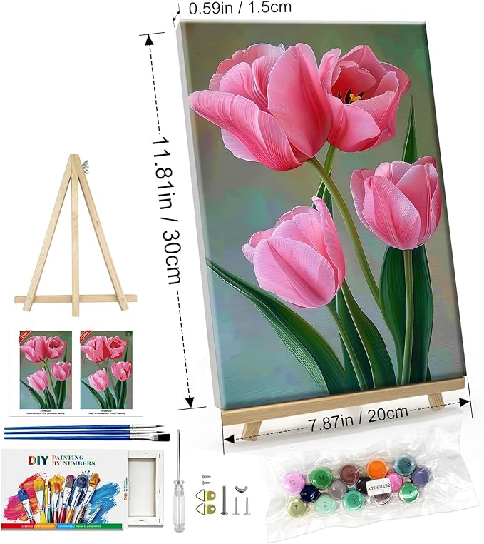 ATDMS Paint by Numbers Kit for Adults with Frame Flowers Paint by Number with Easel DIY Tulip Adult Paint by Number Kits Oil Painting Kits for Gift Home Wall Decor 8x12 Inch
