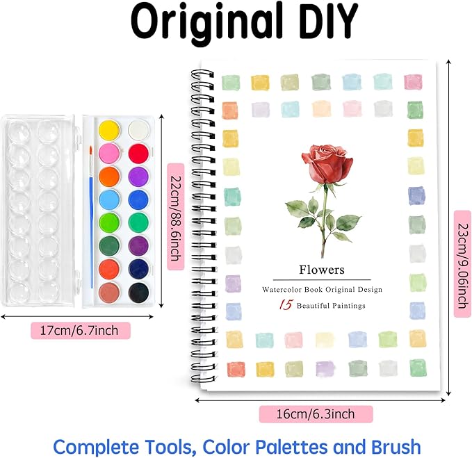 SLWBZ Watercolor Workbook Flowers, 15 Different Patterns of Original DIY Designs, 16 Color Watercolor Paint Plates with Palette and Brush, Beginner-Friendly Watercolor Workbooks, Flowers