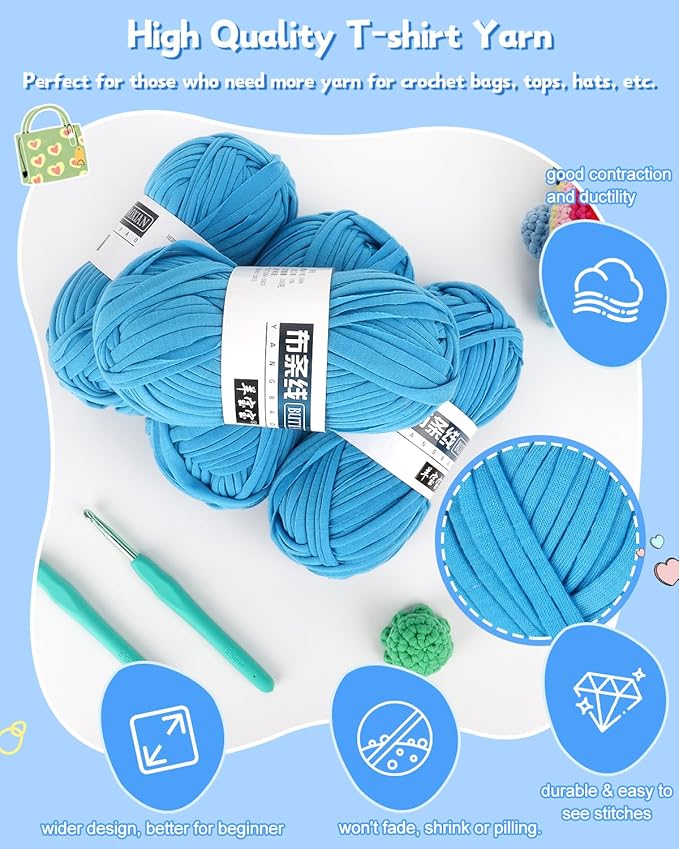 Katech 400g T-Shirt Yarn Set, 130 yds Elastic Fabric Yarn for Knitting Bag & Blanket Cushion Crocheting Projects, Spaghetti Yarn for DIY Knitting Handmade Decor w/ 2pcs Crochet Hooks (Blue)
