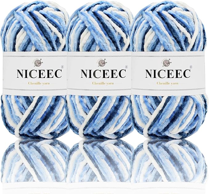 NICEEC 3 Skeins Soft Chenille Yarn Blanket Yarn for Knitting Fancy Yarn for Crochet Weaving DIY Craft Total Length 3×85m (3×93yds, 3×50g)_Blue White
