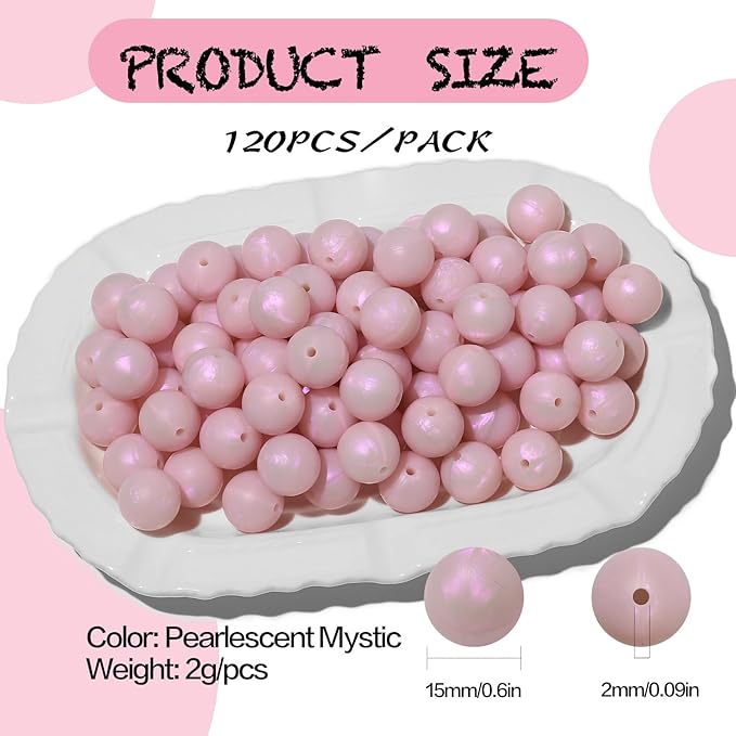 120pcs Richbunnys 15mm Bulk Silicone Beads for Pens and Keychain Making,Large Bead for Necklace and Bracelets Making,Assorted Rubber Beads Set（Pearlescent Mystic）