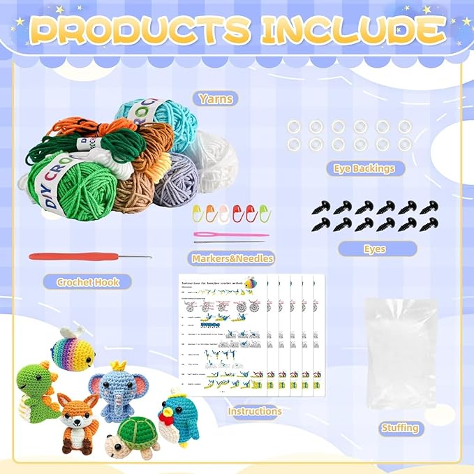 OLHKYN 6Pcs Crochet Kit for Beginners, 2026 DIY Craft for Adults, Great Gift for Crochet Lovers, Crocheting Animal Kits with Step by Step Videos,Yarn,Crochet Hook,Birthday Holiday Gift