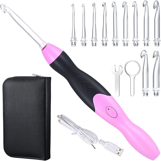 Chuangdi 11 Sizes Lighted Crochet Hooks Set Rechargeable Crochet Hook Light up Hooks with Case, Interchangeable Heads 2.5 mm to 8 mm for DIY Craft Supplies(Pink-Black)