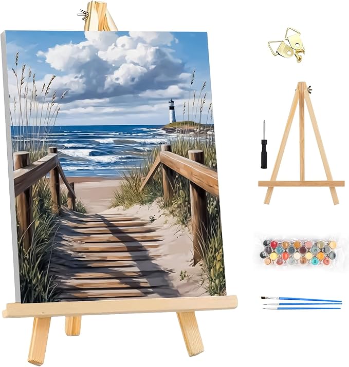 EOBROMD Framed Paint by Numbers Kits for Adults - Wooden Easel, Seaside DIY Painting Kits for Adults Beginner, Painting on Stretched Canvas Oil Paint by Numbers for Home Decor Gift 10x14 Inch