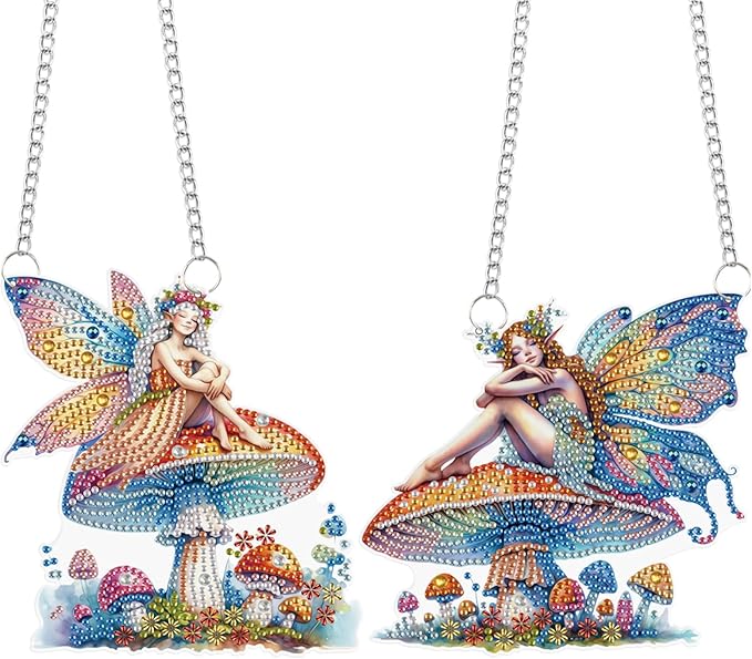 LazyFold 2PCS Diamond Art Hanging Pendant Kits for Adults, Mushroom Fairy DIY 5D Special Shape Diamond Art Painting Pendant Kits,Gem Art Suncatchers Painting Ornament for Home Garden Wall Decor Gift