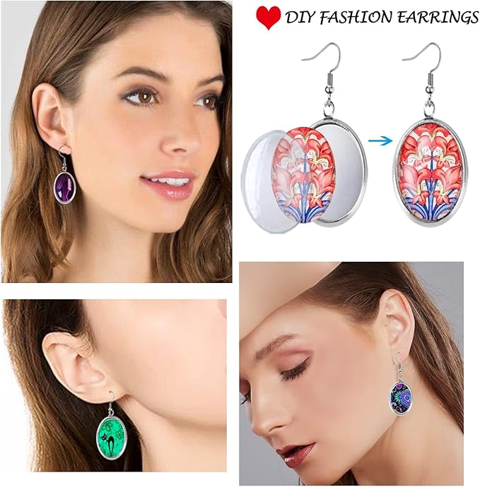 Pendant Trays Set for DIY Jewelry Making Crafts, Oval Glass Cabochon Pendant Bezel Trays, Bracelet Blank Trays and Earrings Blanks Charms for Gift