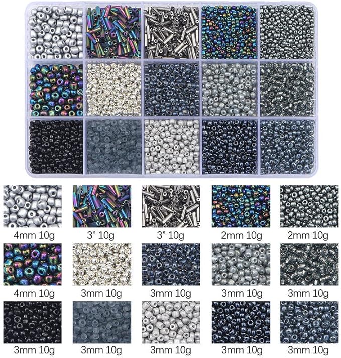 Mix 15 Color Glass Seed Tube Beads Glass Bugle Beads Loose Kit for Jewelry Making DIY Craft Beading (Mix 15 Color, Black)