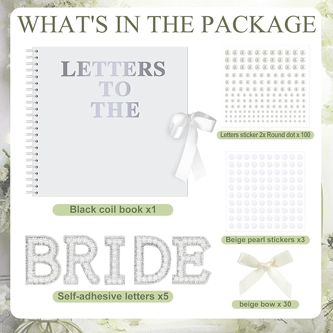 Fuyoooo 12 x 12 Inch Letters to The Bride Scrapbook Wedding Memory Book Bridal DIY Blank Paper Scrapbook Photo Album Guest Book Sign with Pearl Stickers, Metallic Letters, Bows(White)