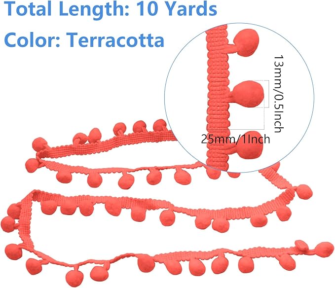 Homiest 10 Yards Pom Pom Trim for Sewing, 1 Inch Wide Terracotta Ribbon Bundles Textured Fabric Fringe Ribbon, 13mm Ball Pompom Trim for DIY Crafts Curtain Clothes Pillow Home Decoration