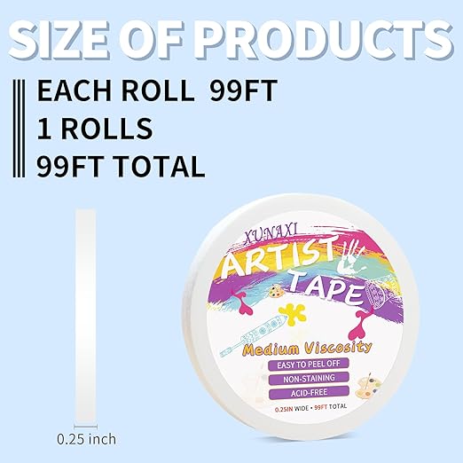 1 Packs Artist Tape Medium Tack White Art Tape for Watercolor Paper Drafting Art Painting Canvas Framing Acid Free Masking Tape- 0.25IN Wide 99FT Long Total