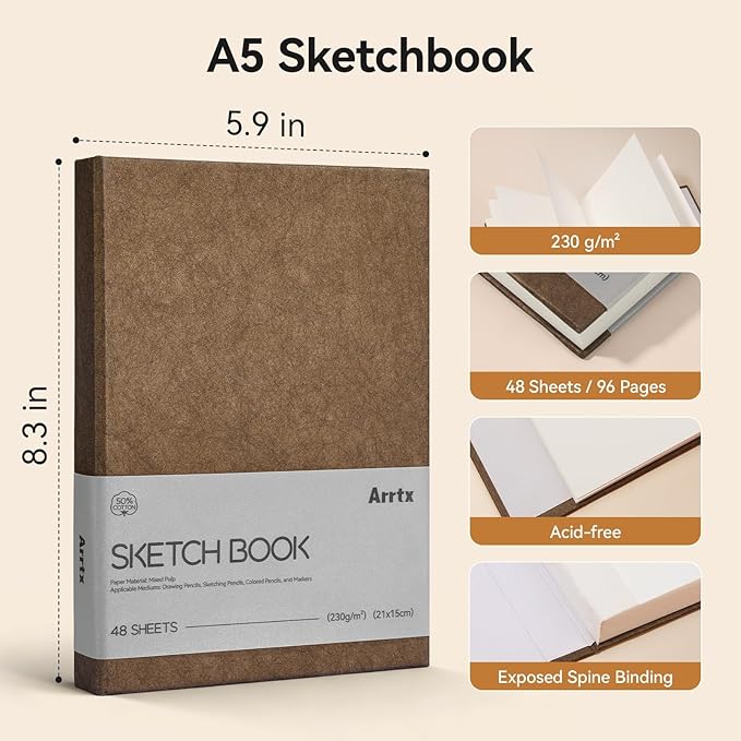 Arrtx Premium A5 Sketchbook, 96 Pages 230 GSM 50% Cotton Acid-Free Paper | Hardcover Art Sketch Book | 8.3 x 5.9 Inch Thick Drawing Pad for Watercolor, Ink, Pencil