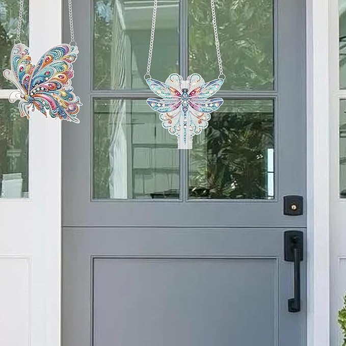 JISHSHAY 2 PCS Diamond Painting Pendant 5D DIY Butterfly Diamond Art Wind Chime Special Shaped Crystal Suncatcher Garden Wind Chimes Diamond Art Keyrings Pendant Necklace