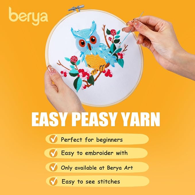 BERYA Owl Embroidery Kit, Embroidery Kit for Adult, Owl Pattern Practice Kit, Including Video Step by Step Instructions, Embroidery Hoop, Cloth, Needles and Thread for DIY Craft Lover (BEO011)