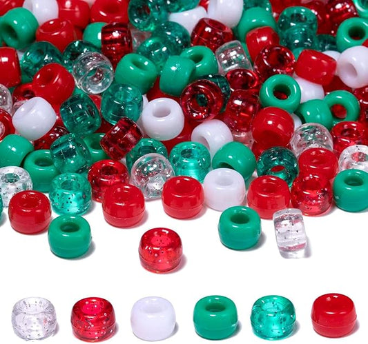 1000Pcs Friendship Bracelet Christmas Beads for Jewerly Making 6x9mm Pony Beads for Bracelets DIY Crafts, 5 Style Color Hair Bead for Braids with Stretch Cord and Scissors