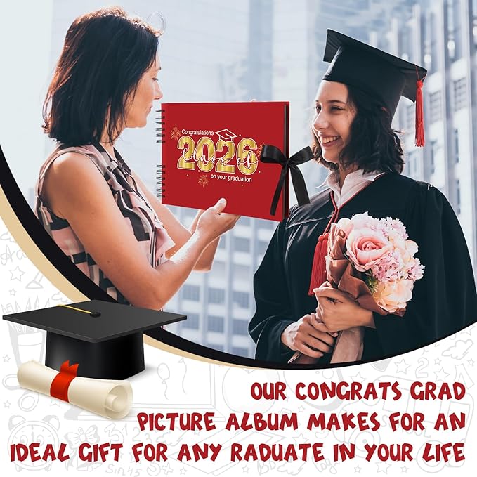 80 Pages Graduation Scrapbook Kit 11 x 8 Inch Photo Album of 2026 Graduation Decoration with 12 Metal Pens and 4 Sheets Stickers for DIY School Congrats Grad Memory Book to Sign(Red)