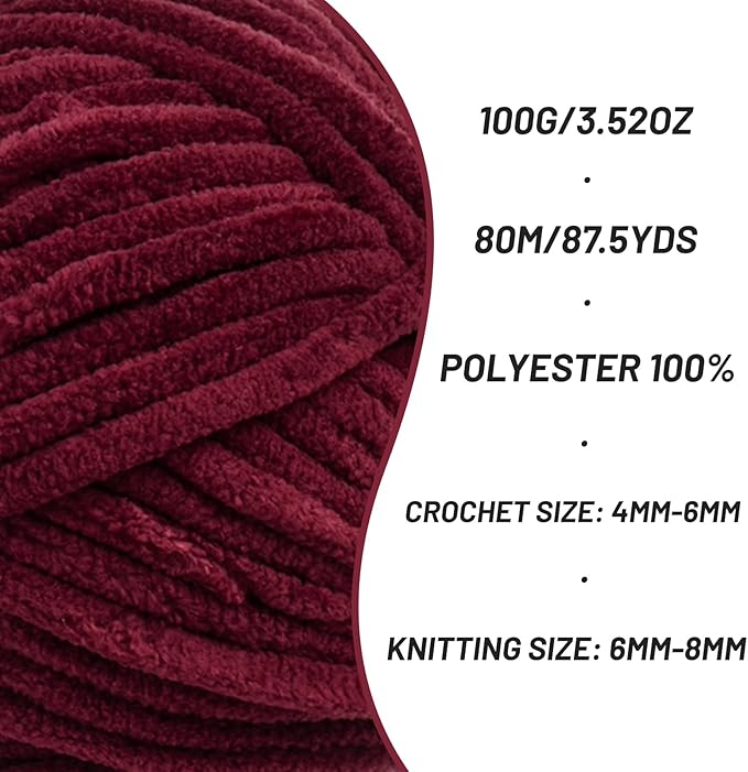 3 Pack Fluffy Chenille Yarn for Crocheting, Chunky Velvet Yarns for Crochet Amigurumi, Baby Yarn for Crocheting Soft Blanket, 262.4yds /10.5 oz Bulky Yarns for Crafts/Hats/Shoes/Socks (3 Burgundy)