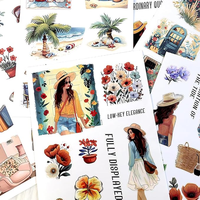 Dwpetzo Vintage Summer Landscape Pre-Cut Sticker Book for Junk Journaling, Dual Transparent PET and Writing Paper Materials, Collage Stickers for Scrapbooking Supplies, Planner, Card Making, Bujo