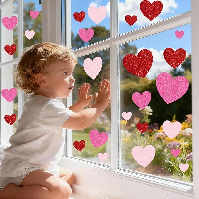 9 sheets valentines day window clings decoration, heart stickers decor for galentine's day, red pink decals for home, office, classroom, glass doors