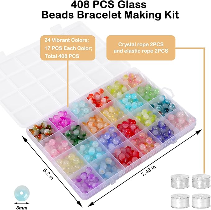 408 Pcs 8mm Glass Beads for Jewelry Making, 24 Colors Crystal Beads Bracelet Making Kit for DIY Crafts