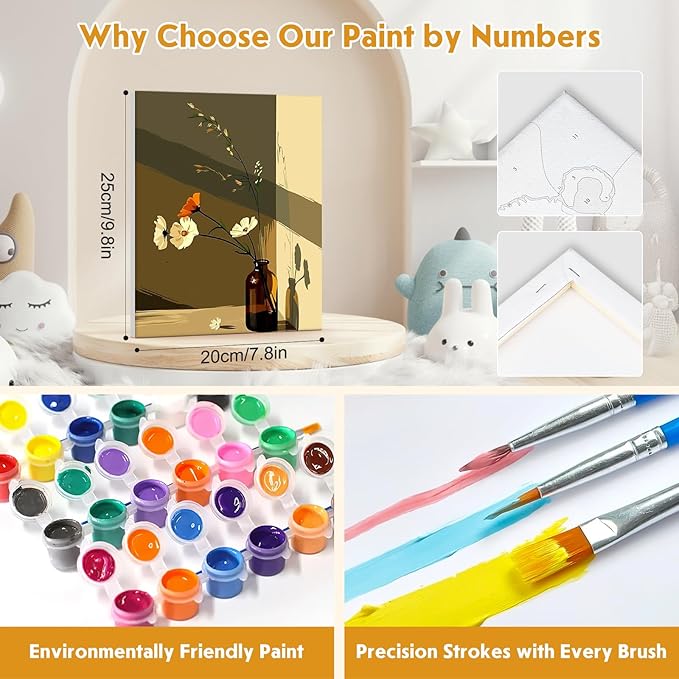 4 Pack Paint by Numbers Kit for Kids Beginner with Wooden Frame, Flowers in A Vase, Paint by Numbers Kit for Adults, Window Sill Sunlight Flower, DIY Painting Kits for Home Wall Decor 8x10 inch