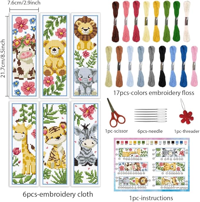 INFUNLY 6PCS DIY Cartoon Animal Cross Stitch Bookmark Kits 8.66"×3.15" Cute Bear Cow Stamped Embroidery Kits with Instructions Plant Flowers Needlepoint Bookmark Kits for Book Lovers Readers Writers
