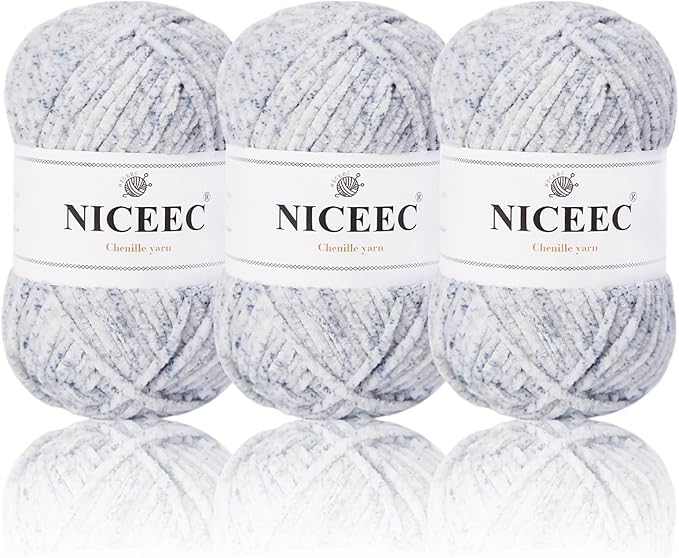 NICEEC 3 Skeins Soft Chenille Yarn Blanket Yarn for Knitting Fancy Yarn for Crochet Weaving DIY Craft Total Length 3×85m (3×93yds, 3×50g)_Overcast Blue