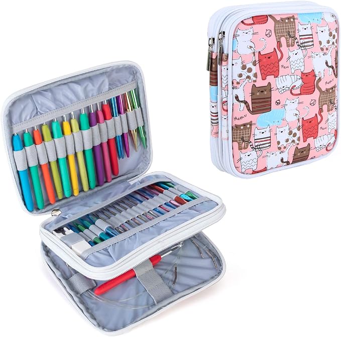 Teamoy Organizer Case for Interchangeable Circular Knitting Needles, Crochet Hooks and Knitting Accessories, Keep All in Place and Easy to Carry, Cats Pink (No Accessories Included)