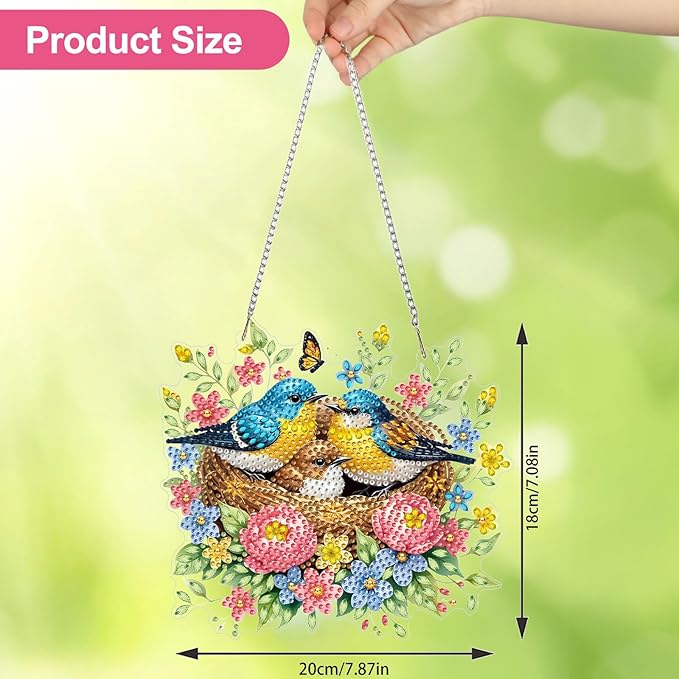 CEOVR Bird Nest Hanging Diamond Art for Adults, Spring Birds Diamond Painting Pendant DIY Gem Art Wall Hanging Ornament, Acrylic Home Garden Decor with Chain, Box Kit 7.87×7.08inch