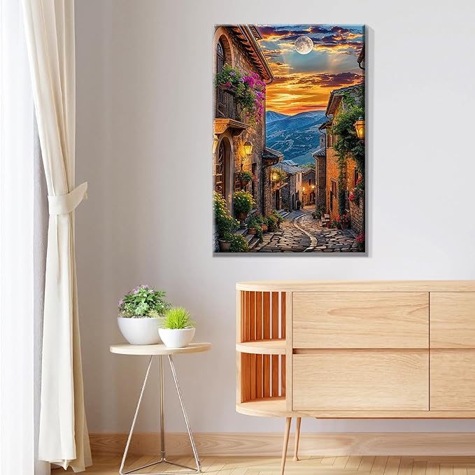 JOOZ Paint by Numbers Kit for Adults Landscape Paint by Number with Frame Town Street Paint by Number with Easel Moon Oil Painting Kits for Gift Home Wall Decor 7.87x11.81 Inch