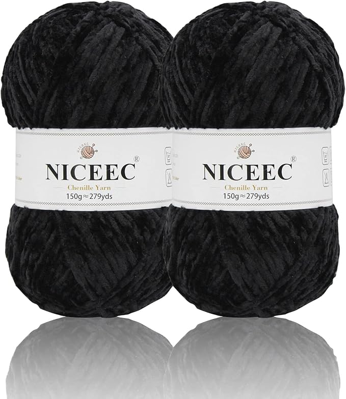 NICEEC 2 Skeins Soft Chenille Yarn Blanket Yarn for Knitting Fancy Yarn for Crochet Weaving DIY Craft Total Length 2×255m (2×279yds, 2×150g)_Black