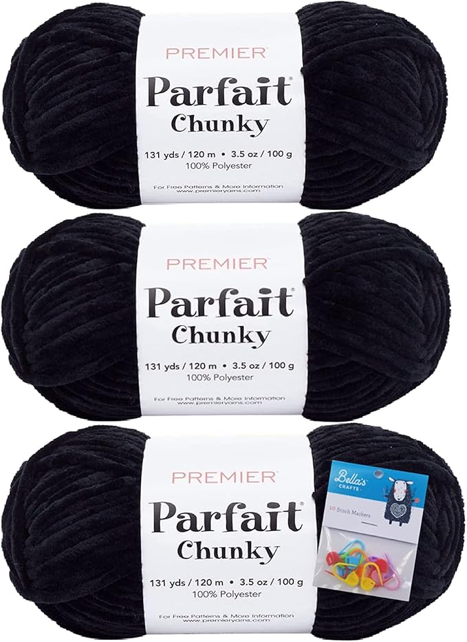 Premier Yarns Parfait Chunky Chenille 3.5 Oz 6 Super Bulky Weight 3 Pack Bundle with Bella's Stitch Place Holders (Black)
