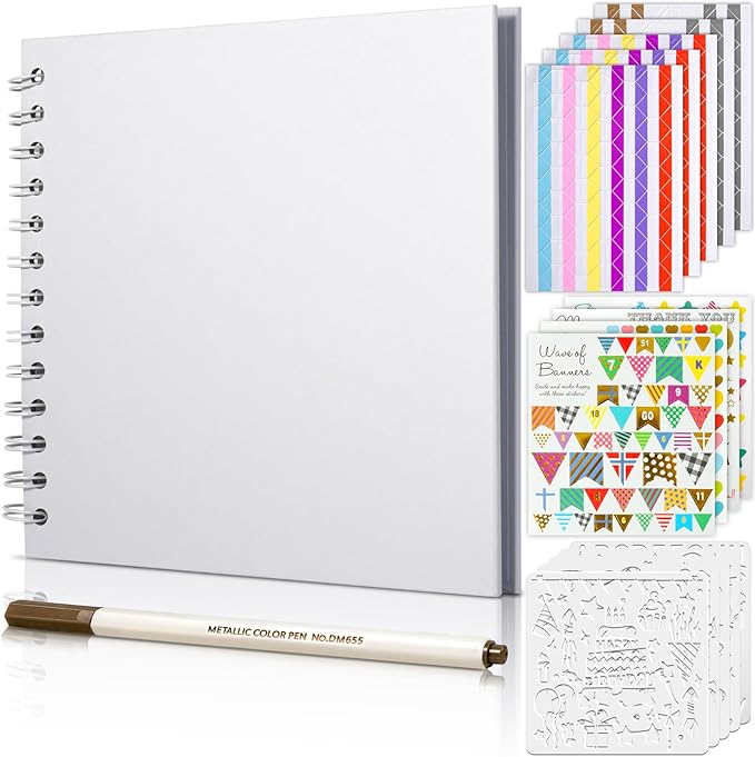 GOTIDEAL 8 x 8 Inch Scrapbook Album with Metallic Markers,40 Pages Kraft Paper Photo Albums for Wedding&Anniversary,Family DIY Scrap Books with Scrapbooking Stickers Corners（White）