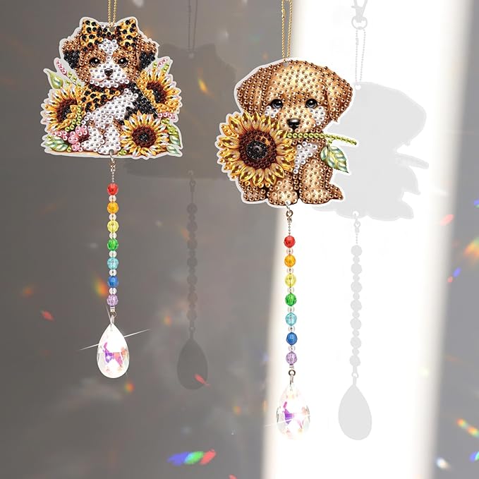LazyFold 2 Pcs Diamond Painting Wind Chime Kits,Cute Puppy DIY Diamond Art Painting Wind Chime Kits Crystal Art Suncatchers for Adults Home Garden Window Craft Gift