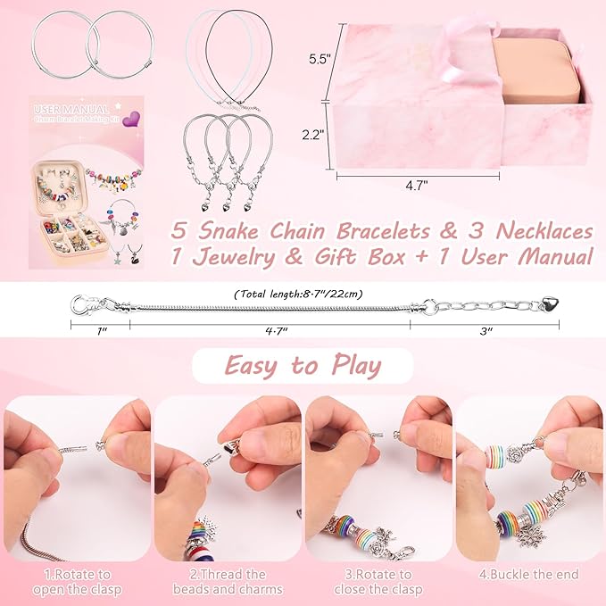 UFU Charm Bracelet Making Kit, 95Pcs Jewelry Making Kit Craft Gift for Girls 5 6 7 8-12, A Sweet Birthday Gift to Inspire Imagination & Creativity, with Portable Jewelry Box