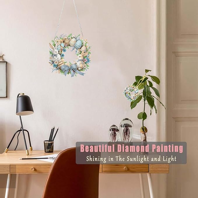 Masendp Easter Wreath Diamond Painting Double-Sided Hanging Ornament Set, DIY Irregular Shaped Rhinestone Window Decoration Set, Suitable for Home and Garden Wall Decoration Gifts