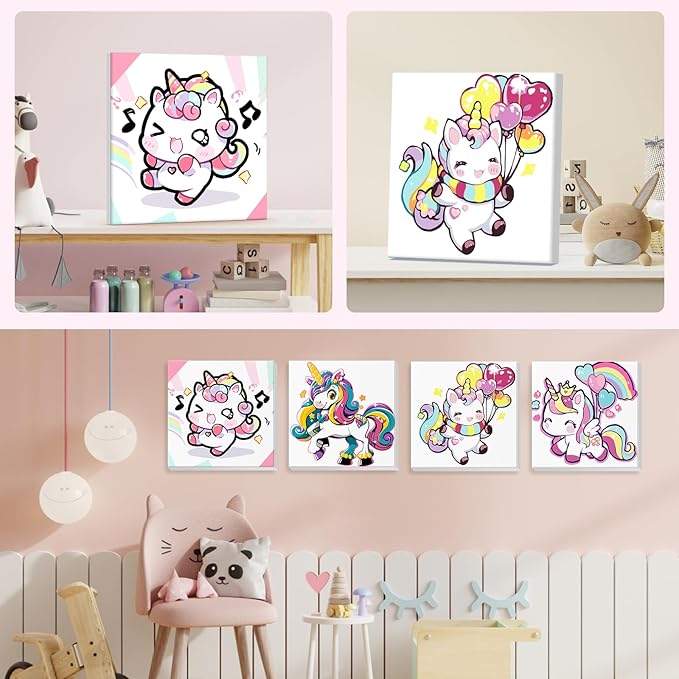 NEWENMO 4 Pack Paint by Number for Kids with Wooden Frame, Cute Unicorn Paint by Numbers for Kids Ages 8-12, Rainbow Unicorn, DIY Acrylic Oil Painting for Beginners for Home Wall Decor 8X8 inch