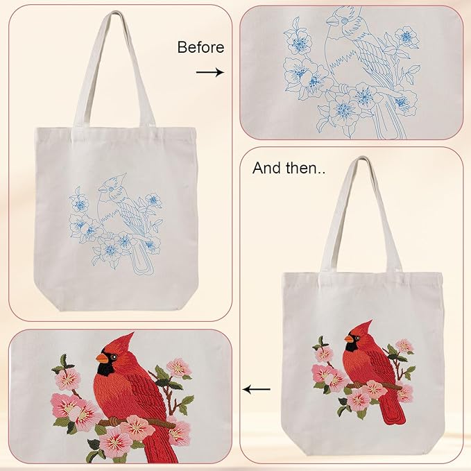 louise maelys canvas tote bag embroidery kit for beginners,cross stitch kits for adults,diy needlepoint include cardinal pattern,women shopping reusable grocery bags