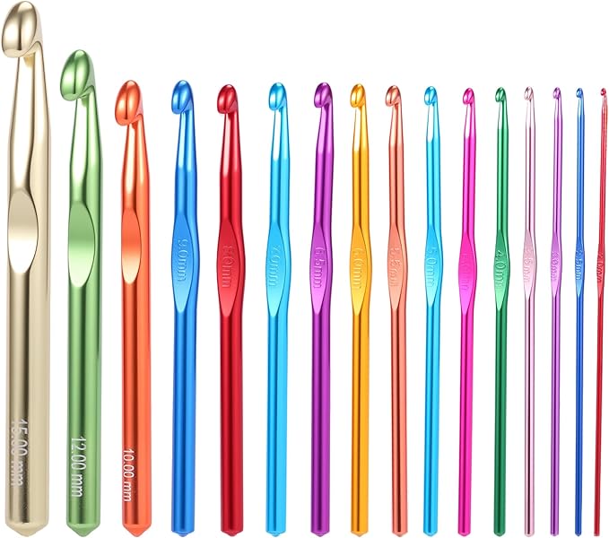 GKINIKG Large Aluminum Crochet Hooks Huge Metal Crochet Hook Set - 16Pcs Crochet Needles for Thick Bulky Yarn Blankets - Beginners Big Crochet Set Size 2mm-6.5mm 7mm 8mm 9mm 10mm 12mm 15mm
