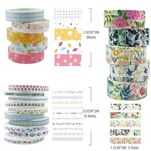 20 Rolls Washi Tape Set,Floral Washi Tape for Journaling, Assorted Sizes (Floral A)