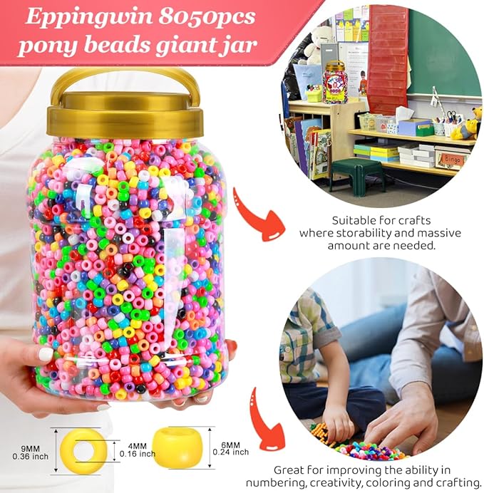 Eppingiwn 8050pcs Pony Beads, Multi-Colored Bracelet Beads for Hair Braids, Plastic Bead for Crafts (Jumbo Pack, Classic)
