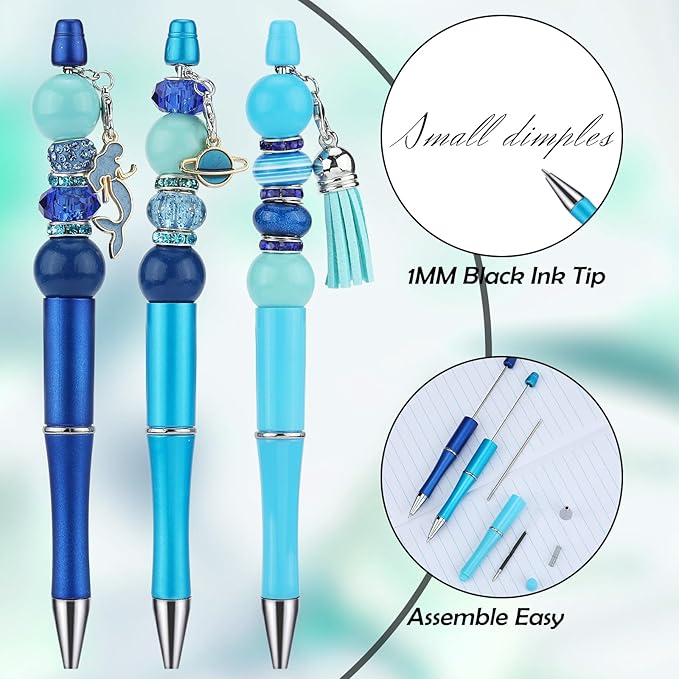 12pcs DIY Beadable Pens Bulk Pens for Beads Beaded Pen Kit for Students Teacher Office Supplies DIY Making Gifts(Blue)