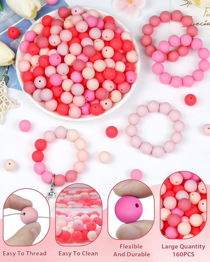 160pcs fiveizero 15mm silicone beads for keychain making valentine's day mixed color round rubber beads bulk, diy craft supplies for bracelets necklaces pens(pink)