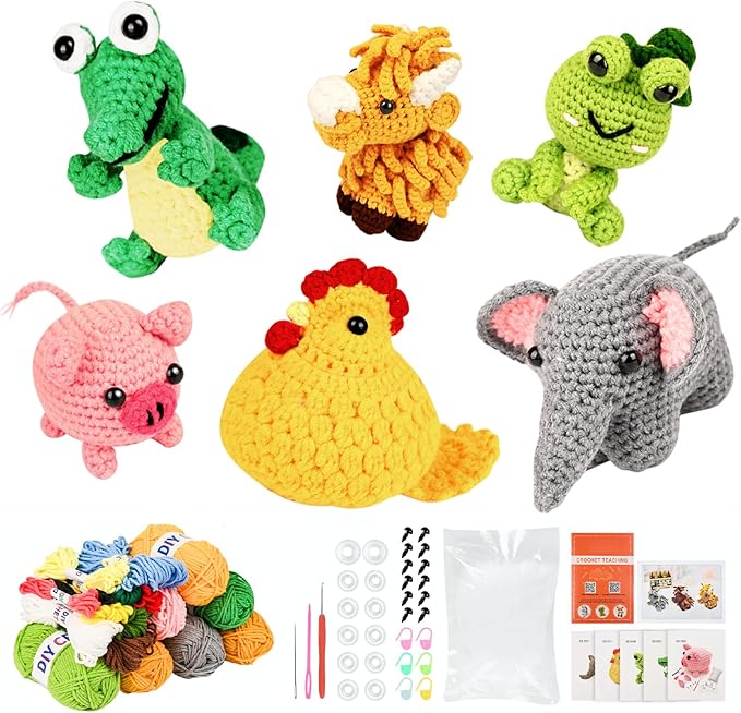 7shaaarks crochet kit for beginners | set of 6 animal crochet kits with yarn & video tutorials, includes frog, crocodile, rooster, elephant, yak & piglet, easy diy gift for teens & kids, christmas