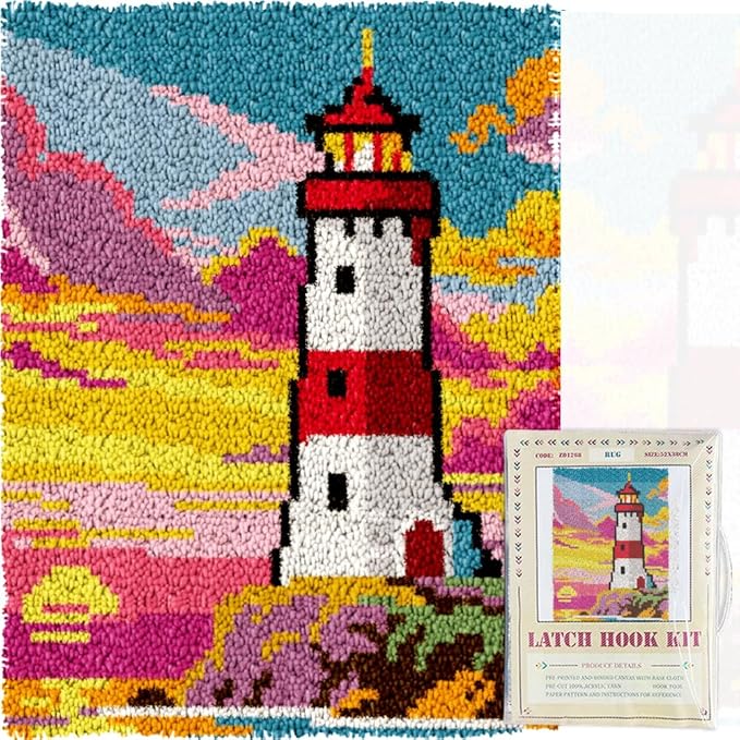 ORIGACH Lighthouse Latch Hook Rug Kit for Adults Printed Rug Making Kit Handmade Carpet Tapestry Cover with Hook Latch and Preprinted Canvas, Home Arts Crafts Sofa Decor, 20.5x15inch