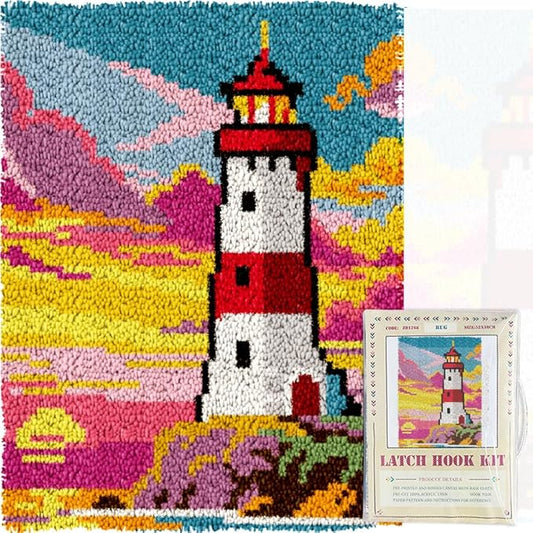 ORIGACH Lighthouse Latch Hook Rug Kit for Adults Printed Rug Making Kit Handmade Carpet Tapestry Cover with Hook Latch and Preprinted Canvas, Home Arts Crafts Sofa Decor, 20.5x15inch