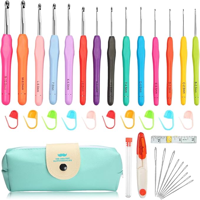 NaoShiro Crochet Hooks Set, 14 Size (2mm-10mm) Ergonomic Crochet Needle with Storage Case, Crochet Hooks for Arthritic Hands, Extra Long  Knitting Needles (Blue)