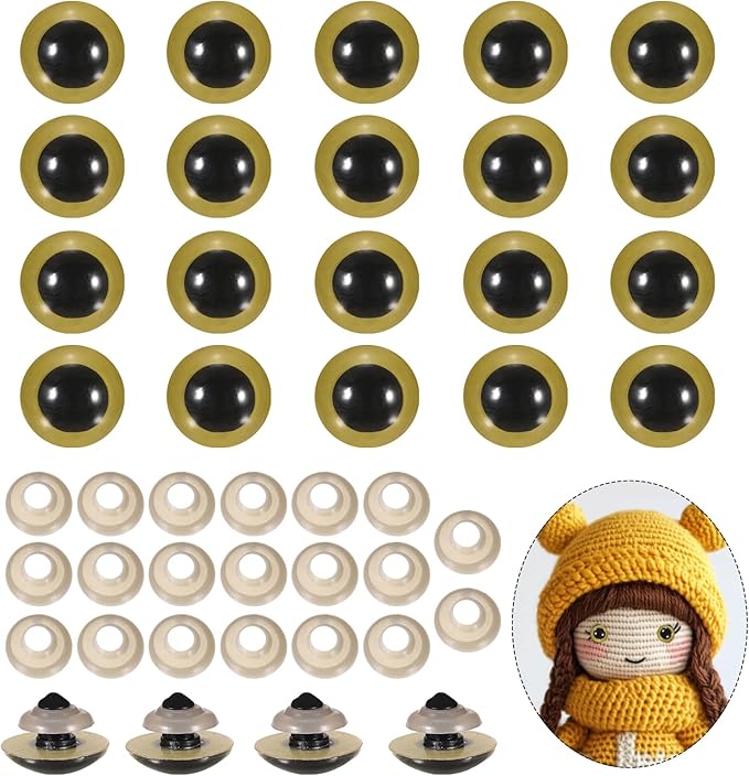 PATIKIL 20mm Safety Eyes, 20Pcs Realistic Doll Crocheting Safety Eyes with Washers for Decor Crochet Accessories Dolls Craft Halloween, Gold Tone