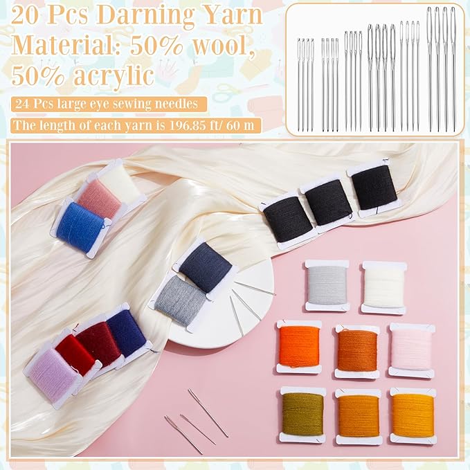 Jexine 20 Pcs Darning Thread 50% Wool 50% Acrylic Yarn 1200m Darning Kit with 24 Pcs Large Eye Sewing Needles for Clothes Socks Plush Toy Adults DIY Home Sewing Care, 60 Meters Per Yarn(Multicolor)